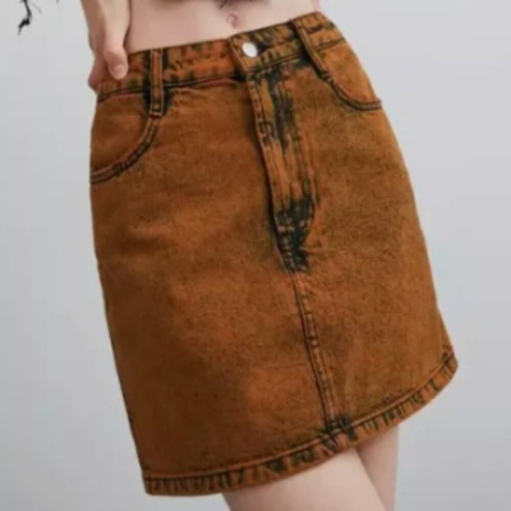 Zara Washed Orange / Brown / Black Distressed Denim Mini Skirt NWT size L - Picture 1 of 4